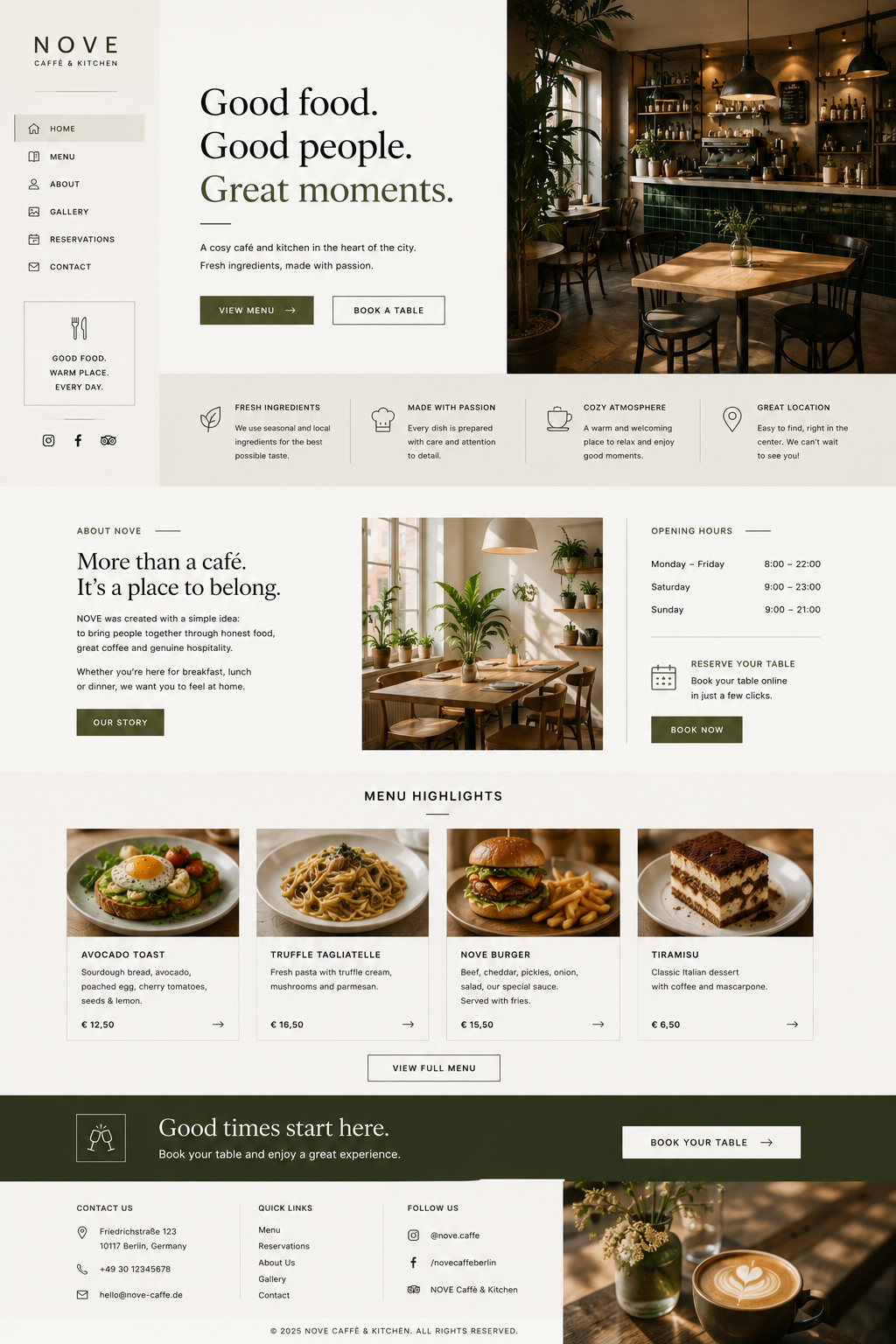 Ganzseitiges Designkonzept für NOVE Caffè & Kitchen — eine Gastronomie-Website mit seitlicher Navigation, geteiltem Hero und bepreisten Menü-Highlights