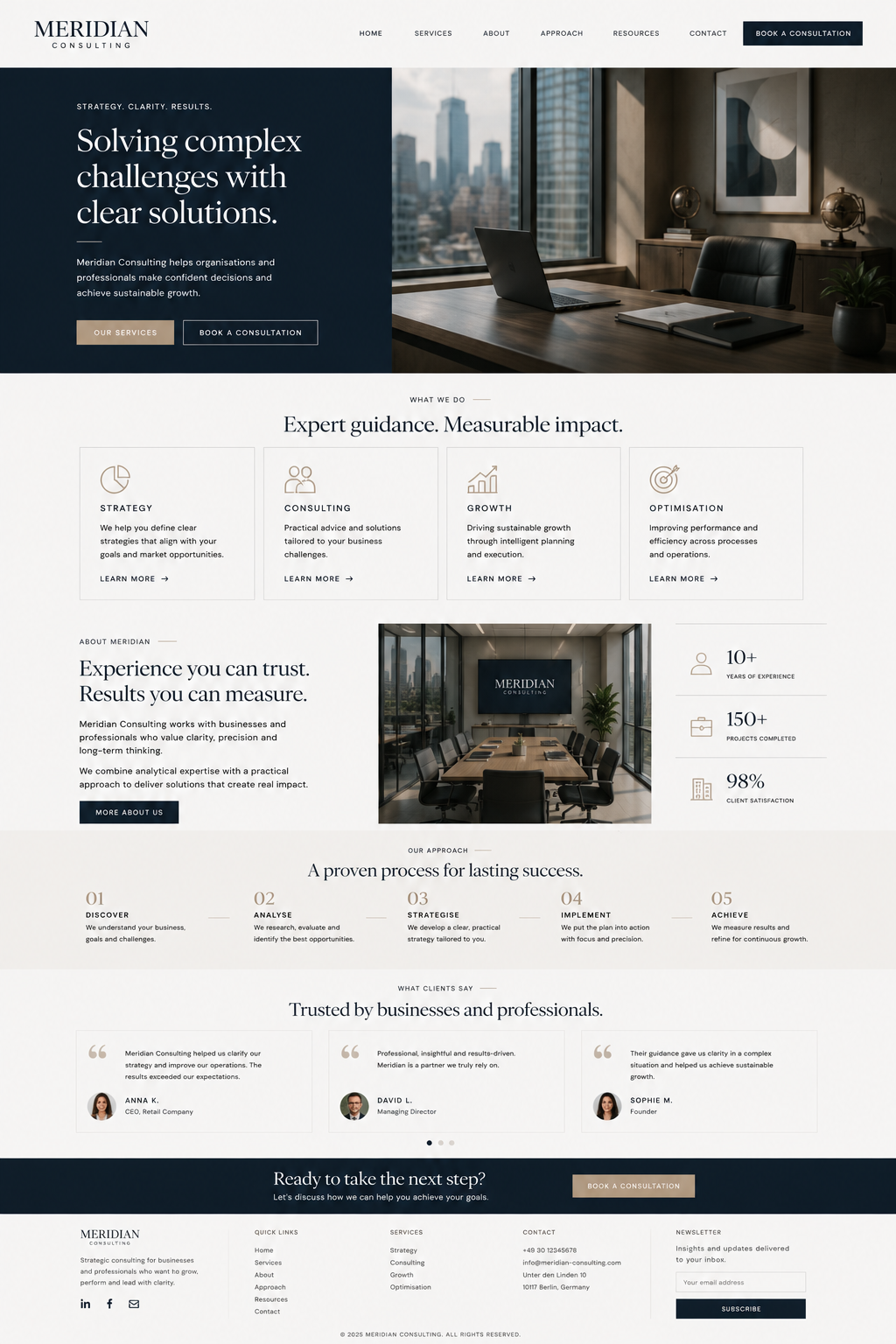 Ganzseitiges Designkonzept für Meridian Consulting — eine Corporate-Website mit dunklem Hero, Leistungssäulen, nummeriertem Prozess und Statistiken