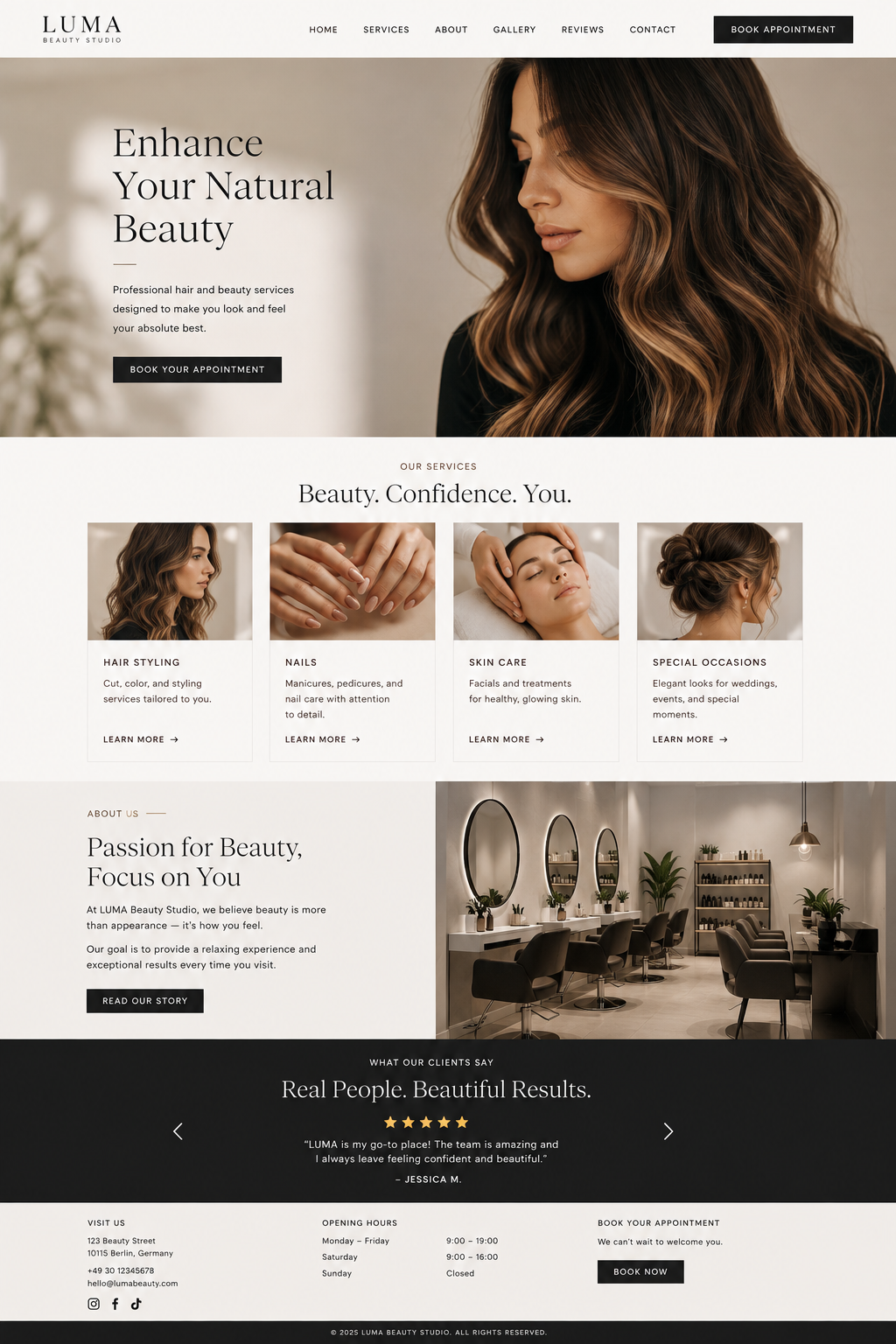 Ganzseitiges Designkonzept für LUMA Beauty Studio — eine bildgeführte Beauty-Website mit Porträt-Hero, Leistungsraster und Bewertungsbereich